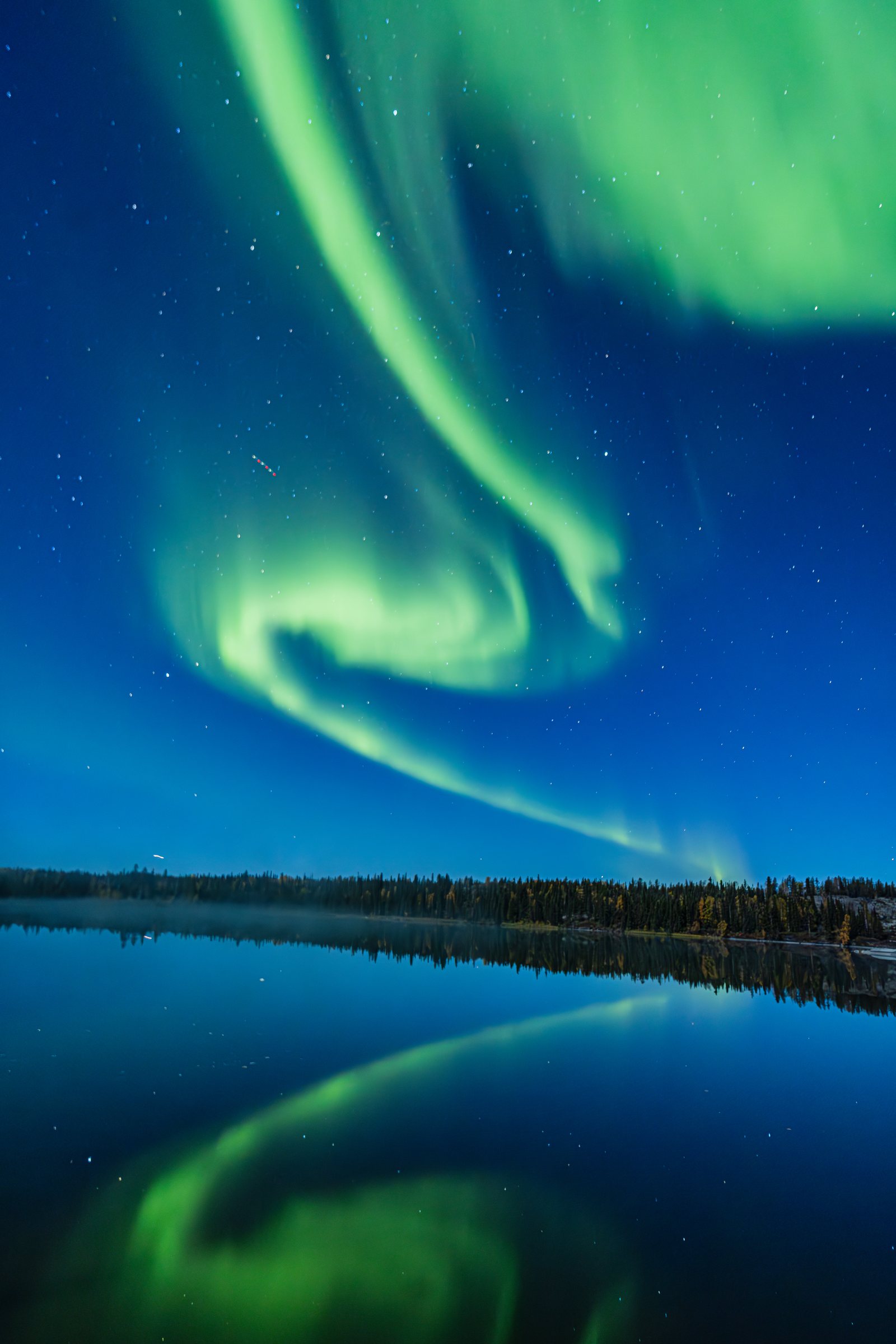 The aurora curling over a still lake and mirrored in it, Elk Island National Park, Alberta